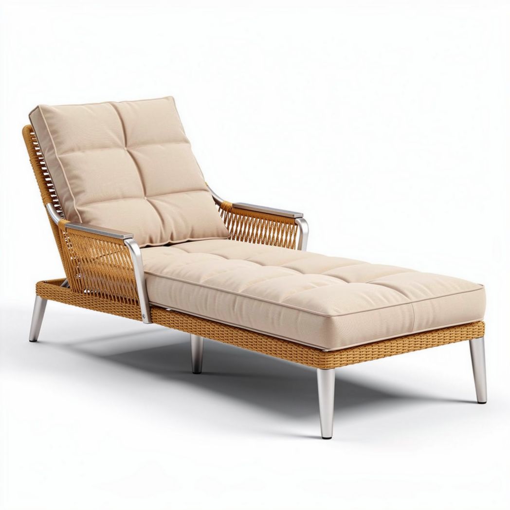 Outdoor lounge chair with cushioned seat in beige and aluminum frame