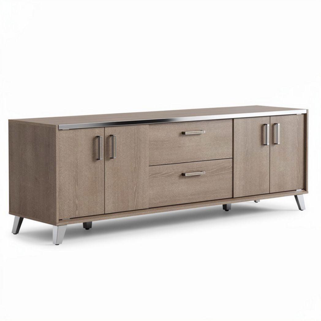 Wooden media console with storage cabinets and silver metal accents 58 x 16 x 24 inches