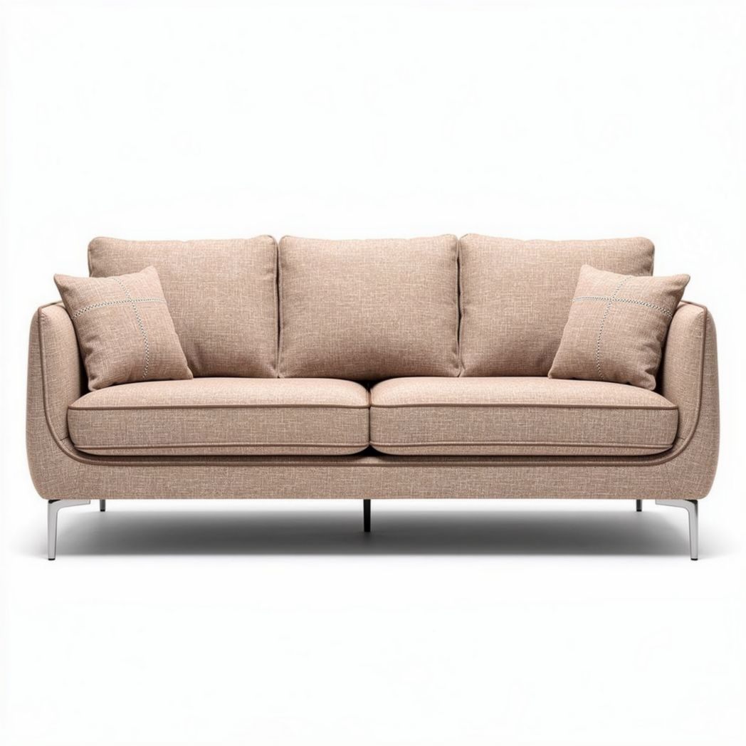 Beige fabric sofa with stainless steel legs and four cushions 210 x 90 x 85cm