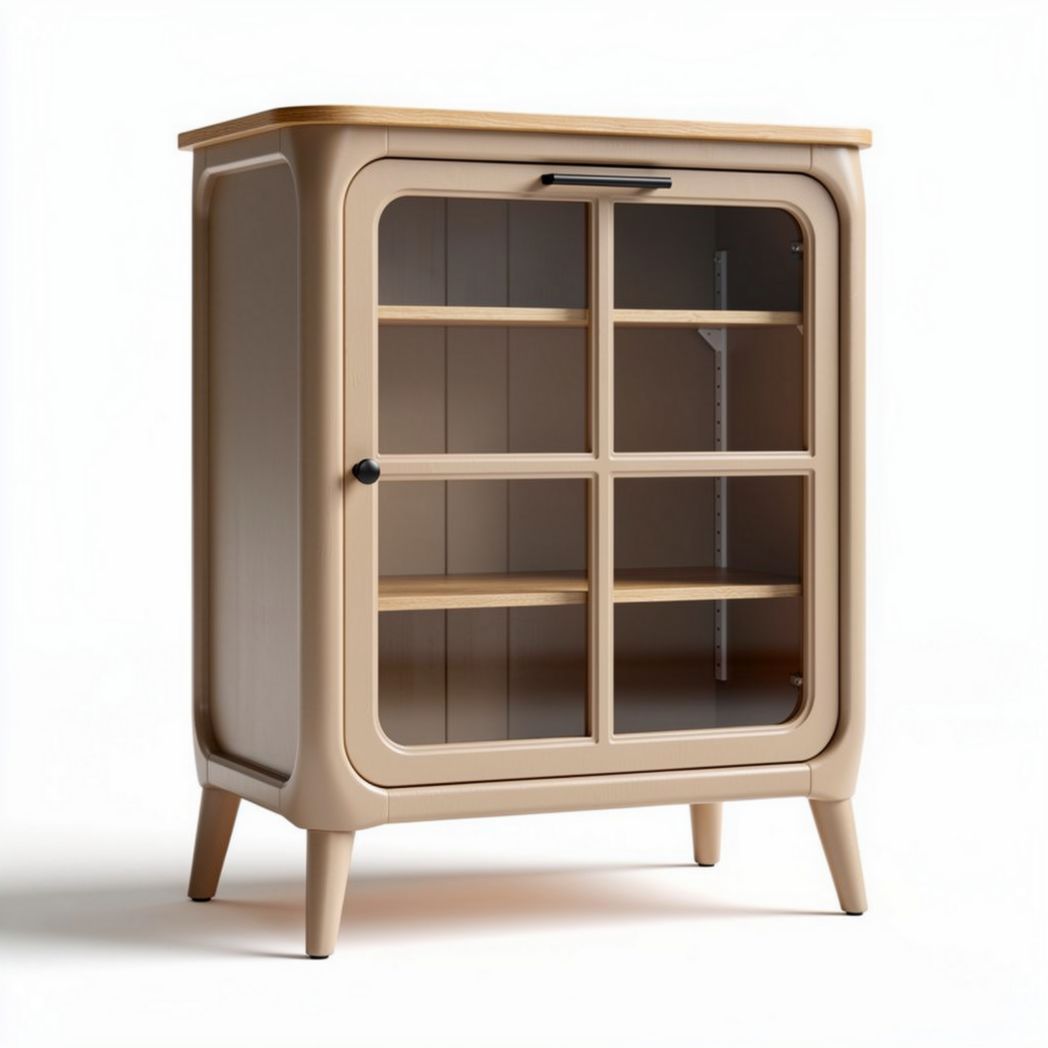 Glass door storage cabinet with wooden top and beige finish 80 x 40 x 100cm