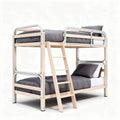 Metal and wood bunk bed with ladder and gray bedding 200 x 100 x 160cm