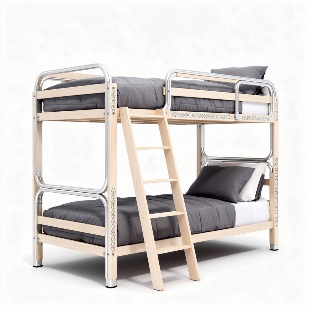 Metal and wood bunk bed with ladder and gray bedding 200 x 100 x 160cm