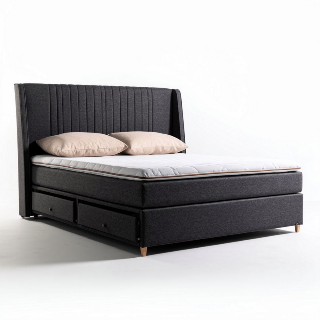 Upholstered bed frame with storage drawers and padded headboard in grey 200 x 160 x 100cm