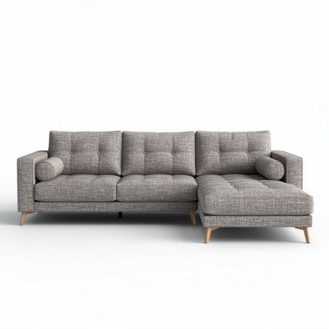 Modern sectional sofa in gray fabric with wooden legs approximately 250 x 90 x 85cm