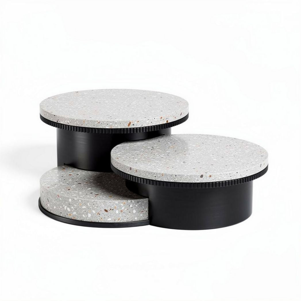 Round terrazzo display stands with black metal base 30 x 30 x 15cm