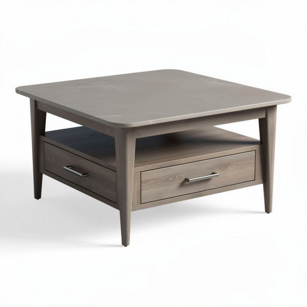 Square wooden coffee table with drawer and open shelf 80 x 80 x 40cm grey