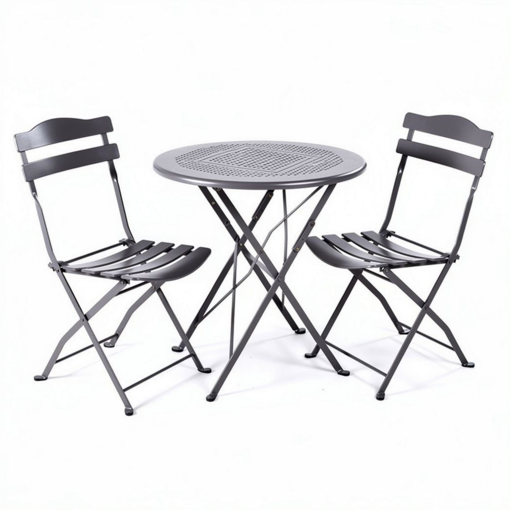 Metal folding patio bistro table with two chairs in black 80 x 80 x 75cm