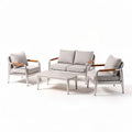 Aluminum outdoor patio conversation set with gray cushions and hardwood accents