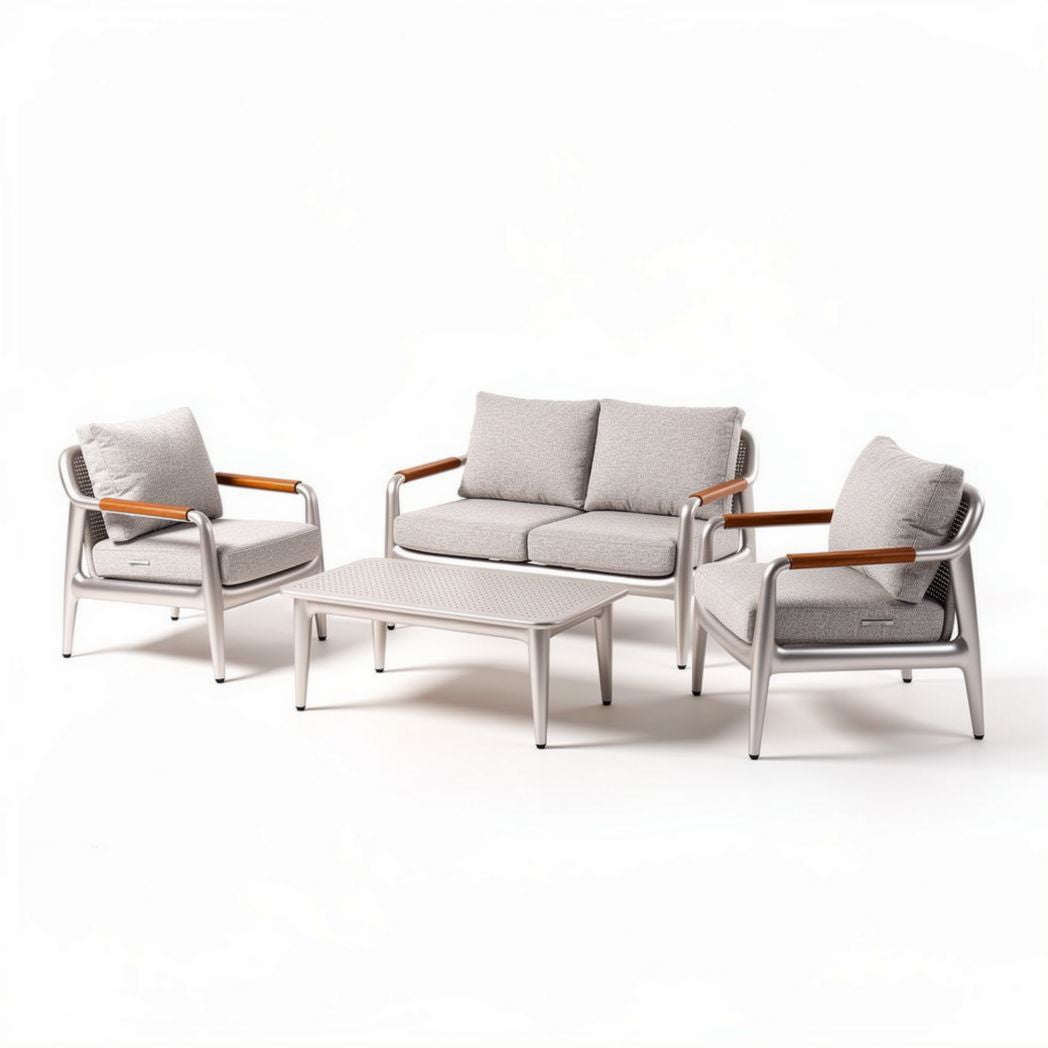 Aluminum outdoor patio conversation set with gray cushions and hardwood accents